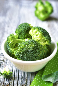 Cut broccoli in a white bowl.