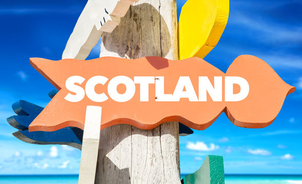 Scotland welcome sign with beach