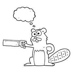 thought bubble cartoon beaver with saw