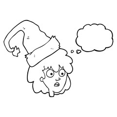 thought bubble cartoon woman with santa hat