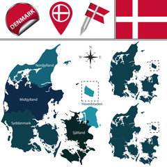 Map of Denmark with named regions - obrazy, fototapety, plakaty