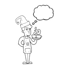 thought bubble cartoon barista serving coffee at christmas