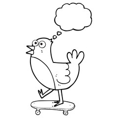 thought bubble cartoon bird on skateboard