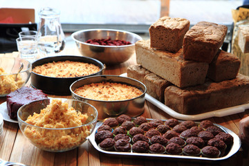 homemade food bread, apple pie and chocolate dessert