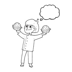 thought bubble cartoon chef with burgers