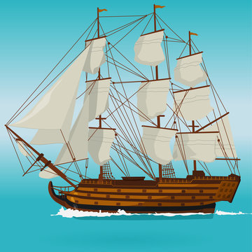 Big old wooden historical sailing boat on blue sea. With sails, mast, brown deck, guns. Nice illustration of galleon. Training corvette ship for pirate, flatten icon isolated master vector