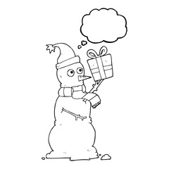 thought bubble cartoon snowman holding present