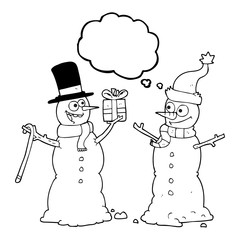 thought bubble cartoon snowmen exchanging gifts