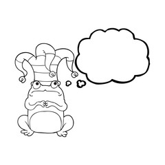 thought bubble cartoon nervous frog wearing jester hat