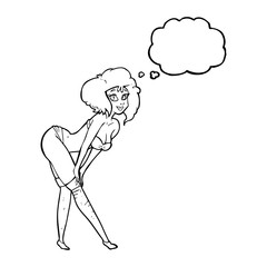 thought bubble cartoon pin up girl putting on stockings