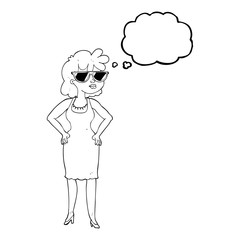 thought bubble cartoon woman wearing sunglasses