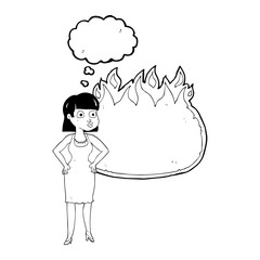 thought bubble cartoon woman in dress with hands on hips and fla
