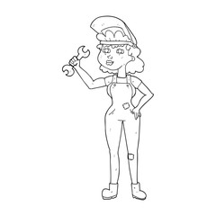 black and white cartoon woman with spanner