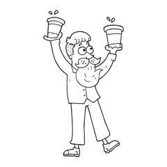 black and white cartoon man with coffee cups