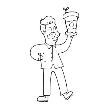 black and white cartoon man with coffee cups