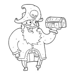 black and white cartoon pirate captain with treasure chest
