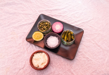 Tartar sauce separate ingredients, mayonnaise, salt, gherkins, c