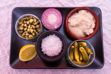 Tartar sauce separate ingredients, mayonnaise, salt, gherkins, c
