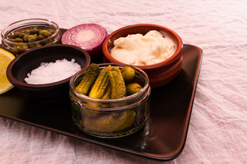 Tartar sauce separate ingredients, mayonnaise, salt, gherkins, c