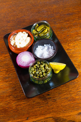 Tartar sauce separate ingredients, mayonnaise, salt, gherkins, c