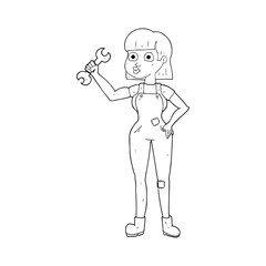 black and white cartoon mechanic woman