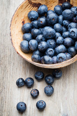 Blueberries in a bowl on a wooden table.