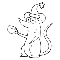 black and white cartoon mouse wearing christmas hat