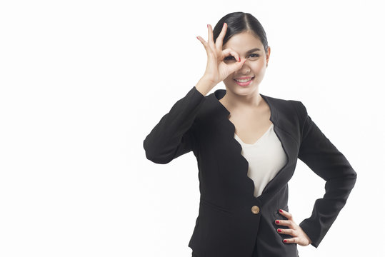 business woman hand okay isolated on white background, asian bea