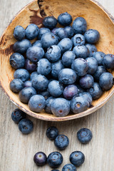 Blueberries in a bowl on a wooden table.