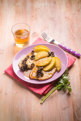 escalope with cider, apple  and black olives