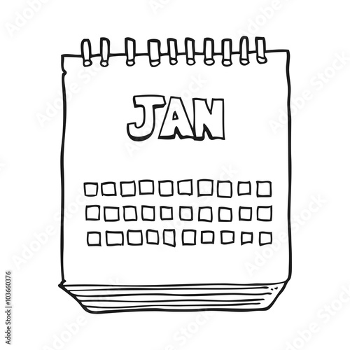 "black and white cartoon calendar showing month of january