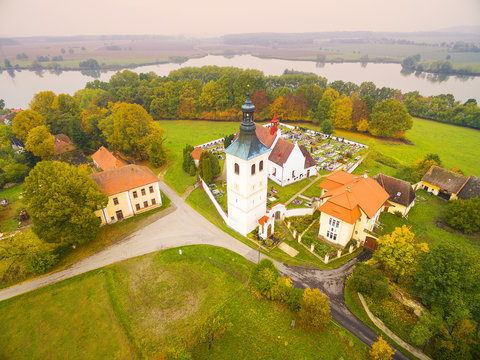 Bila Hurka church. Medieval village in rural landscape, Strachovice, South Bohemia, Czech Republic, Europe.