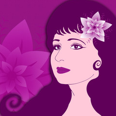 Illustration of a beautiful woman with flowers on the background with floral pattern