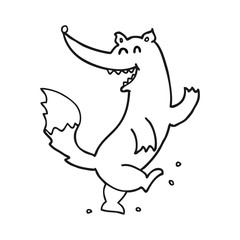 black and white cartoon happy wolf dancing