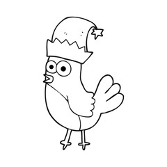 black and white cartoon robin in christmas hat