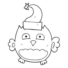 black and white cartoon owl wearing christmas hat