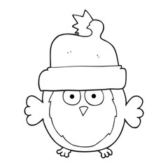 black and white cartoon owl wearing christmas hat