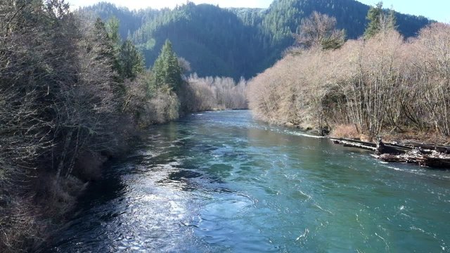 Full HD 1080p video footage of the McKenzie River on the upper section of the drainage with water flowing high in the Winter.