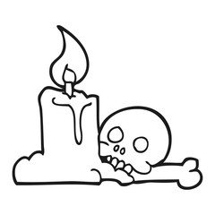 black and white cartoon spooky skull and candle