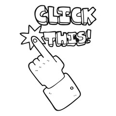 black and white cartoon click this symbol with hand