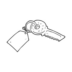 black and white cartoon key with tag