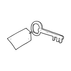 black and white cartoon key with tag
