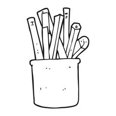 black and white cartoon desk pot of pencils and pens