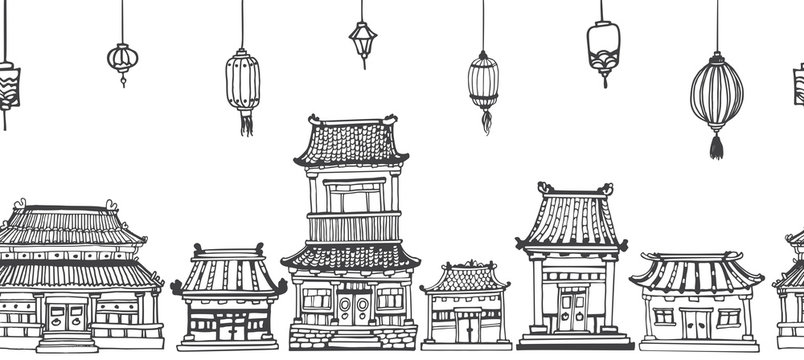 Vector seamless line panorama of asian old town