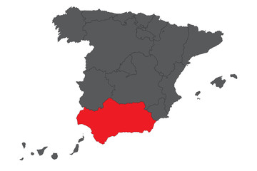 Andalusia red map on gray Spain map vector