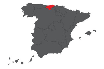 Cantabria red map on gray Spain map vector