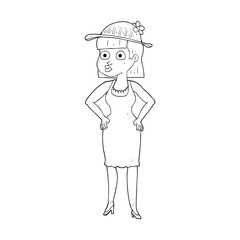 black and white cartoon woman wearing sun hat
