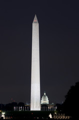 Washington DC skyline view with Washington Monument and US Capitol Building at night, USA