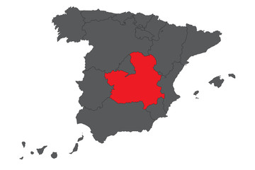 Castilla la Mancha red map on gray Spain map vector