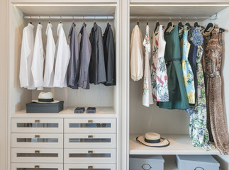 shirts and dress hanging on rail in wooden wardrobe